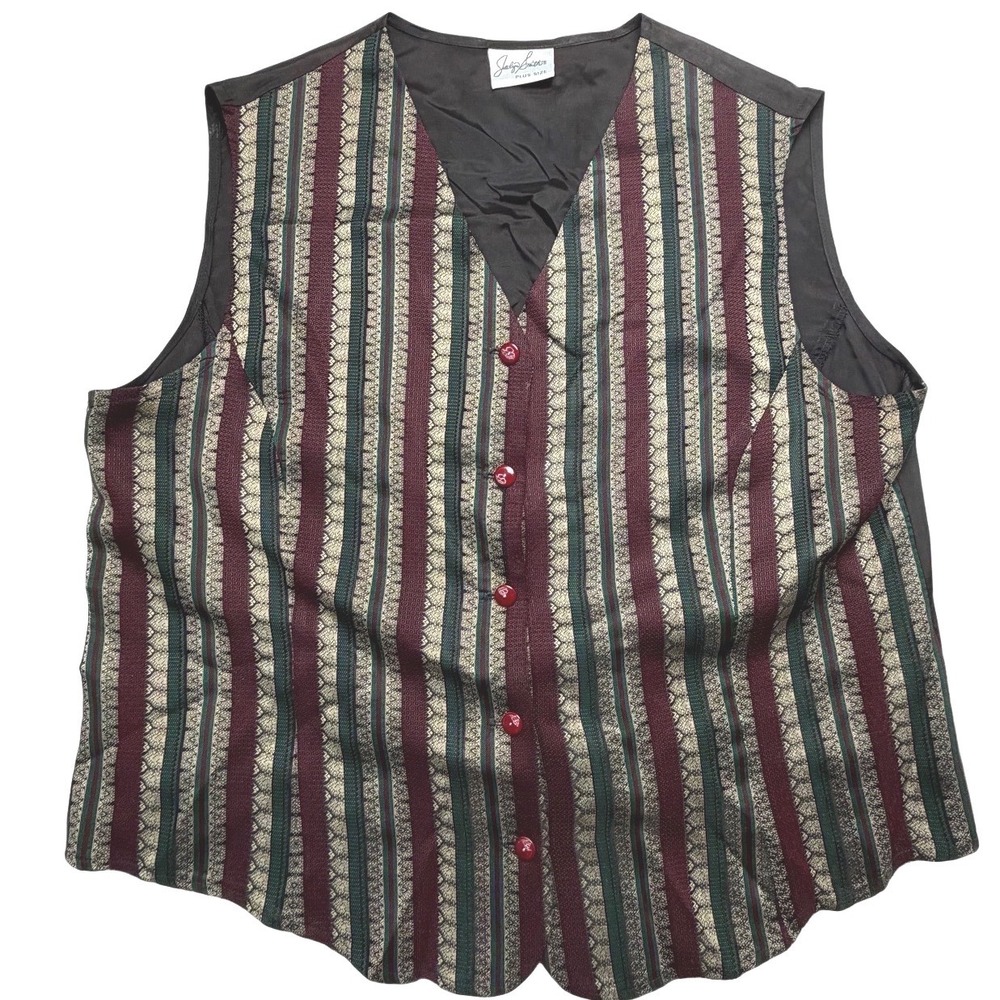 Jaclyn Smith Vintage Plus Size Tapestry Vest Burgundy Green Gold Stripe 90s Boho